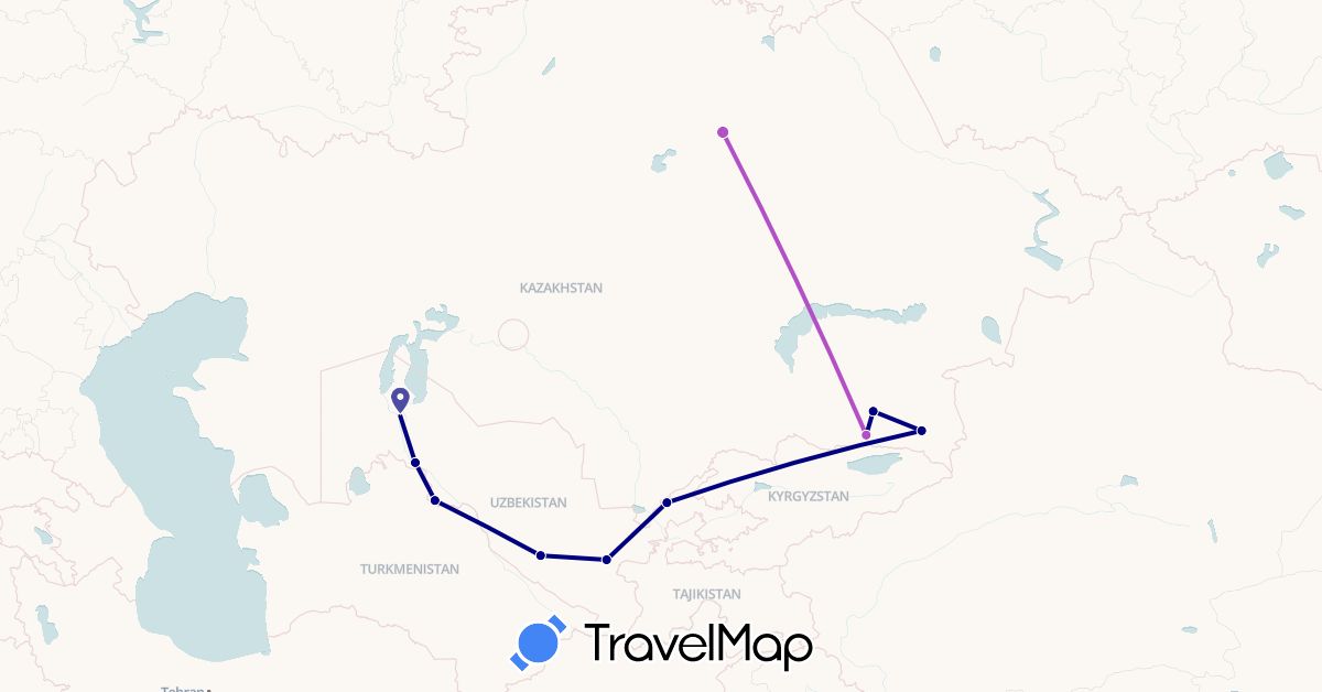 TravelMap itinerary: driving, train in Kazakhstan, Uzbekistan (Asia)